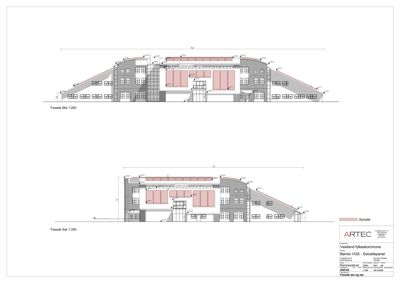 Fasadetegning som viser bygningens utseende fra øst og sør med mål og detaljer.