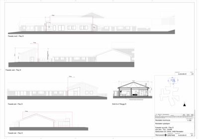 Fasadetegning som viser bygningens utseende fra nord, vest, øst og sør, samt et snitt (Snitt A-A).