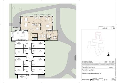Etasjeplan (fløy D) for nybygg i Rindalen sykehjem, med romfordeling, arealer og situasjonsplan.