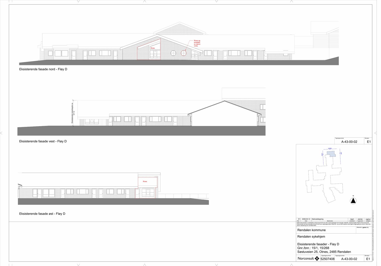 Tegning som viser eksisterende fasader (nord, vest og øst) for Fløy D i Rørdalen sykehjem.