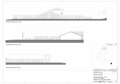 Tegning som viser eksisterende fasader (nord, vest og øst) for Fløy D i Rørdalen sykehjem.