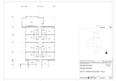 Situasjonsplan som viser eksisterende bygninger på Fløy D ved Rendalen sykehjem.