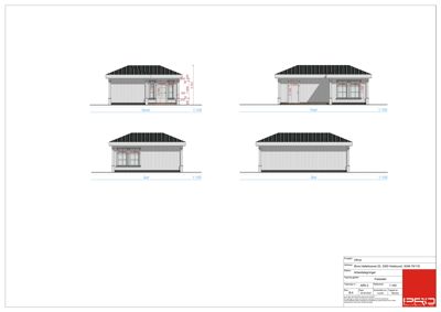 Fasadetegning som viser bygningens utseende fra fire sider (Nord, Vest, Sør, Øst) med mål og detaljer.