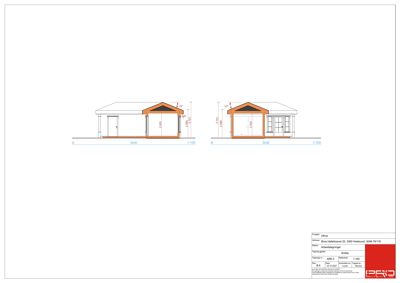 Fasadetegning (opprikk) som viser bygningens utseende fra to sider (A og B) med mål og detaljer.