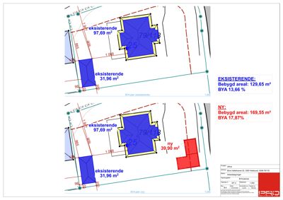 Situasjonsplan som viser eksisterende og planlagt bebyggelse med arealoppdelinger (BYA) og mål.