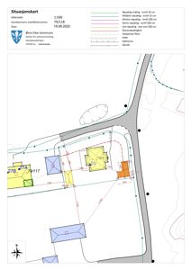 Situasjonskart som viser eiendomsforhold, naboeiendommer og bygningsplasseringer.