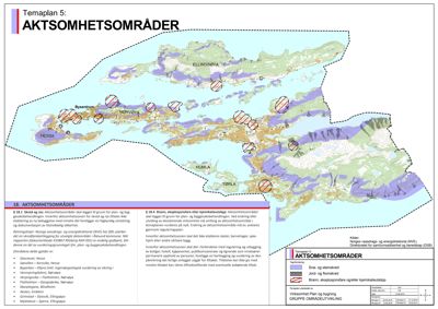 Kart over ELLINGØYA som viser aktsomhetsområder (røde sirkler) og ulike geologiske soner (fargekoding).