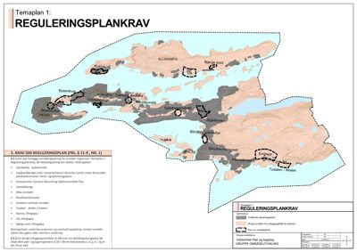 Kart over et område med topografi og bygningsplasseringer, inkludert en oversikt over reguleringsplaner.