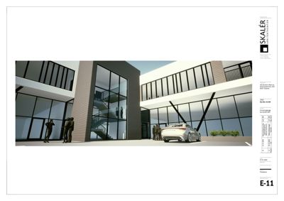 3D-visualisering (rendering) av bygningens fasade og inngangsparti med bil og skulpturer.