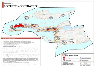 En kartvisning (temaplan) som viser kommunens forutsette for utbygging og fortetting, med områder markert med tall og farger.