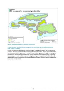Et analysekart som viser områder innenfor 500 meters avstand fra overordnet grøntstruktur, inkludert en tekstbeskrivelse av analysen.