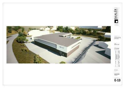 3D-visualisering (rendering) av et nytt bygg i sitt omgivelser, inkludert terreng, vegetasjon og vei.