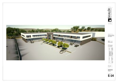 3D-visualisering (perspektiv) av et planlagt bygg med omgivende parkering og landskap.