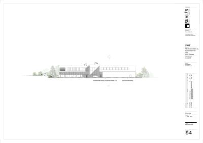 Fasadetegning (Fasade nord) som viser bygningens utseende fra nord, inkludert eksisterende og planlagt bebyggelse.