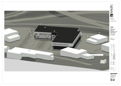 3D-visualisering (rendering) av et byggeprosjekt sett fra et perspektiv som viser både bygninger og omgivelsene.