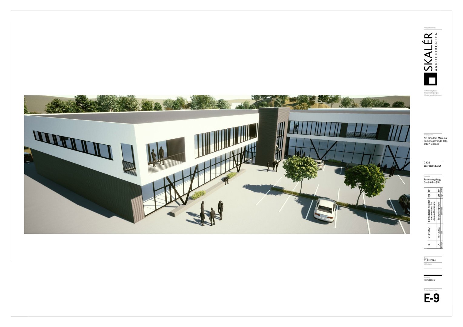 3D-visualisering (perspektiv) av en planlagt bygning med omgivelser.