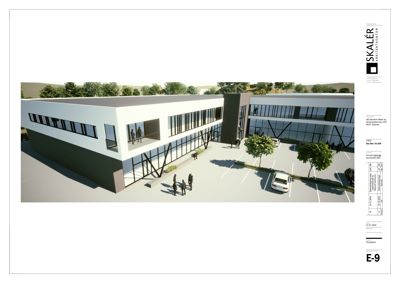 3D-visualisering (perspektiv) av en planlagt bygning med omgivelser.