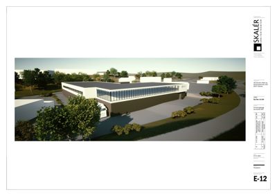 3D-visualisering (rendering) av en planlagt bygning sett fra et vinklet utsyn, inkludert omgivelser som trær og vei.