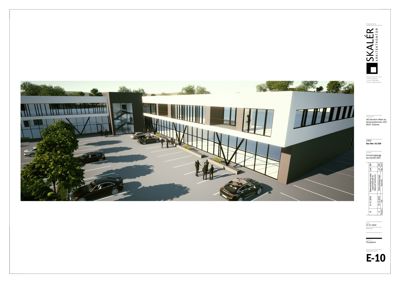 3D-visualisering (rendering) av en planlagt bygning sett fra et vinklet utsyn, inkludert parkeringsplass og omgivelser.