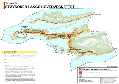 Kart som viser støysoner langs hovedvegnettet i Skodje, med overlappende tekst om avvikssone støy.