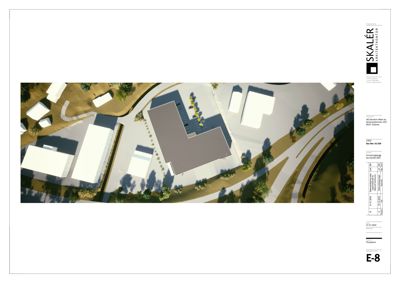 3D-visualisering (rendering) av et byggeprosjekt sett fra en høyde, som viser bygningenes plassering, form og skygger i forhold til omgivelsene.