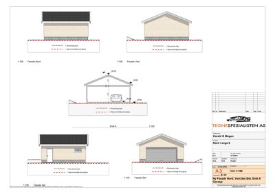 Fasadetegning som viser bygningens utsyn fra Nord, Vest, Sør og Øst, samt et snitt (Snitt A) gjennom garasjen.