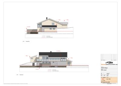 Fasadetegning som viser bygningens utseende fra front og side, med angitte endringer i tak og fasade.
