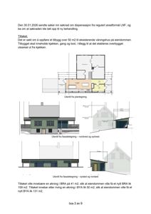 Bildet viser en samling fasadetegninger (opprikk) for et hus, inkludert utsnitt fra nordvest, sydvest, sydøst og nordøst, samt en plantegning.
