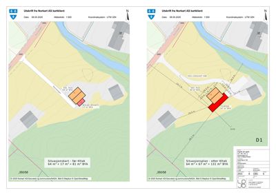 Situasjonsplaner som viser tomtens utforming før og etter en byggetiltak, inkludert arealoppdelinger og dimensjoner.