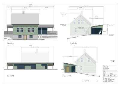 Fasadetegning som viser oppriss av eksisterende og nytt hus sett fra fire sider (NV, SV, SØ, NØ) med mål og høyder.