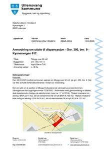 Situasjonsplan som viser eiendommen, eksisterende bygning (rødt) og planlagt tilbygg (oransje) med angitte mål og arealøkning.