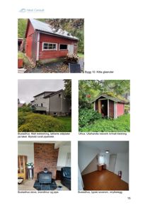 En samling av fire fotografier som viser ulike deler av en bygning (bustadhus), inkludert fasade, tak, innvendig stovestue og soverom.