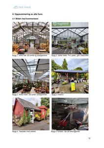 Et dokument som inneholder en samling av seks fotografier av ulike bygninger og områder (blomsterforretninger, skur, redskapsrom) med tilhørende beskrivende tekster.