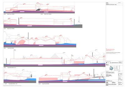 Fasadetegning som viser oppriss av bygningens yttervegger, taklinjer og høyder (høydeangivelser) for ulike fasader (Vest, Øst, Nord, Sør).