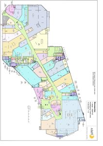 Etasjeplan (situasjonsplan) som viser romfordeling, vegger og innredning for et bygg.