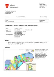 Situasjonsplan som viser bygningens plassering i forhold til naboeiendommer og vei (Patterødveien).