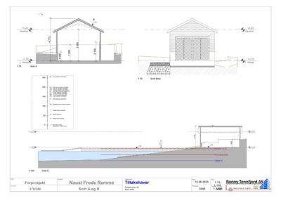 Bildet viser snittegninger (Snitt A, Snitt Molo og Snitt B) av en bygning, som illustrerer høyder, konstruksjoner og terrengforhold.