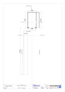 Etasjeplan (1. etasje) med fasadeopprikk og dimensjoner for en bygning.