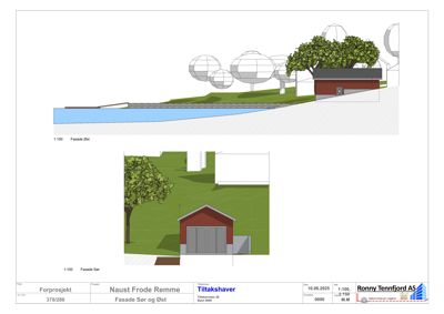 Fasadetegning som viser bygningens utseende fra øst og sør med omgivelsene.