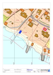 Situasjonsplan som viser tomtens beliggenhet i forhold til nabolag, vei (Tennfjordneset), høydeforhold (konturlinjer) og eksisterende bygninger.