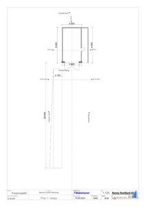 Etasjeplan (1. etasje) med fasadeopprikk og dimensjoner for en bygning.