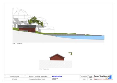 Fasadetegning som viser bygningens utseende fra vest og nord, inkludert terrengforhold og beplantning.