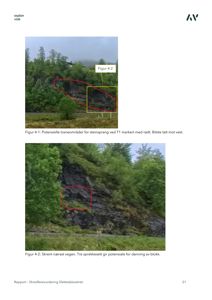 Fotografier av en steinvegg med markerte områder for steinsprang og skrent nær en vei.