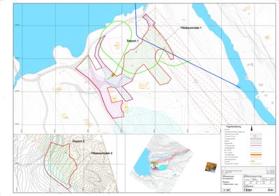 Situasjonsplan som viser tomtens beliggenhet, topografi, eksisterende og planlagte tiltak (deponi, tiltaksområder) med fargekodet tegnforklaring.