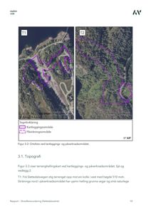 Bildet viser ortofoto (flyfoto) med overlagte kartleggings- og påvirkningsområder, samt en beskrivelse av topografi.