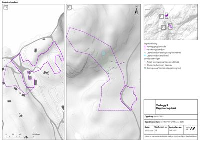 Registreringskart som viser kartleggingsområder (T1, T2) med overlappende kart over terrengform (konturlinjer) og geologiske forhold (steinsprang, skred).