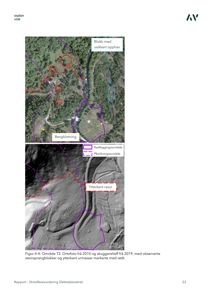 Et ortofoto fra 2010 og et skuggereleief fra 2019 som viser et område med steinsprangblokker og ras, markert med farger og linjer.