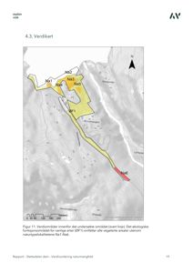 Verdikart over et undersøkt område med kartlagte verdimråder (Na1-Na6) og økologiske funksjonsområder (OF1).