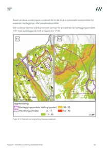 Kart som viser terrengforhold (helling) i et område, med overlagte kartleggings- og påvirkningsområder for snøskred.
