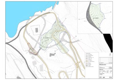 Situasjonsplan som viser tomtens beliggenhet, topografi, vegnett og arealoppdelinger.